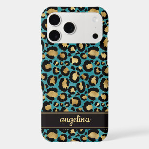 Gold Foil On Teal Leopard Print Monogrammed iPhone 17 Pro Max Case