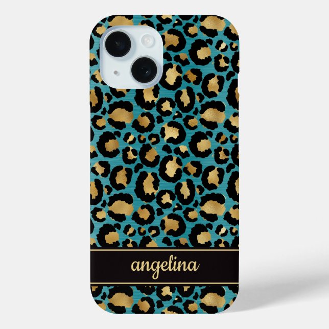Gold Foil On Teal Leopard Print Monogrammed Case-Mate iPhone Case (Back)