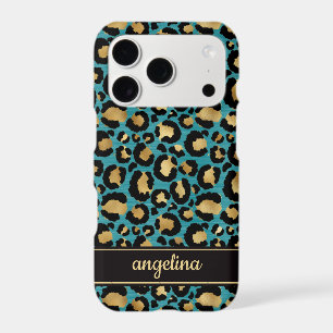 Gold Foil On Teal Leopard Print Monogrammed iPhone 17 Pro Case
