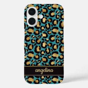 Gold Foil On Teal Leopard Print Monogrammed iPhone 16 Case