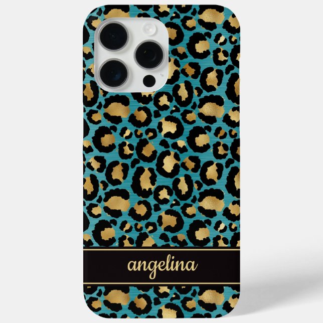 Gold Foil On Teal Leopard Print Monogrammed Case-Mate iPhone Case (Back)