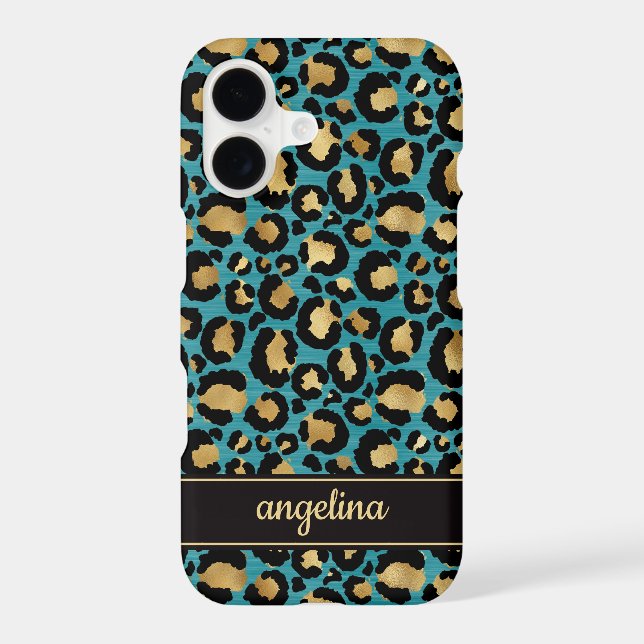 Gold Foil On Teal Leopard Print Monogrammed Case-Mate iPhone Case (Back)