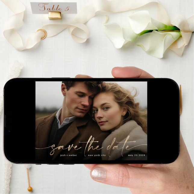 Gold Foil Onyx Black Modern Photo Illuminating Save The Date (Front Digital)
