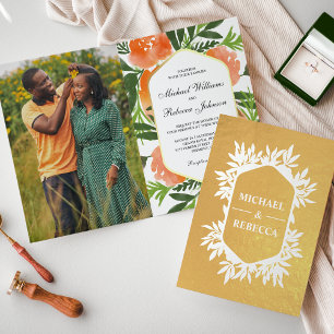Gold Foil Orange Watercolor Floral Wedding Invite