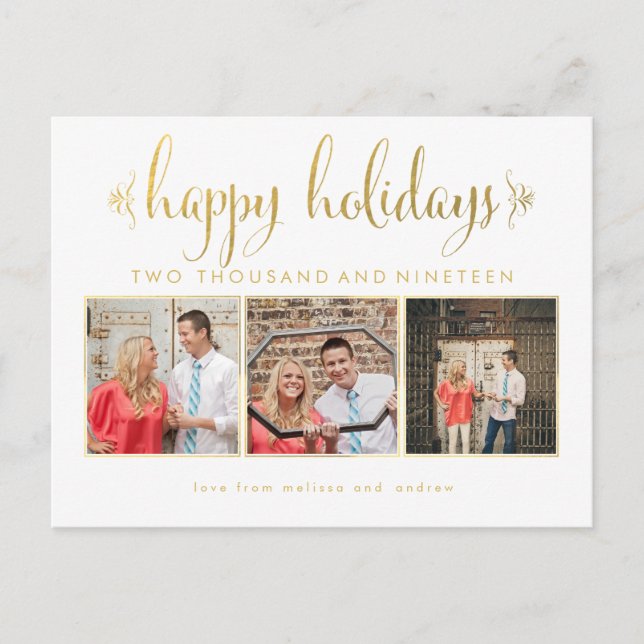 Gold Foil Our First Christmas Photo Frame Postcard (Front)