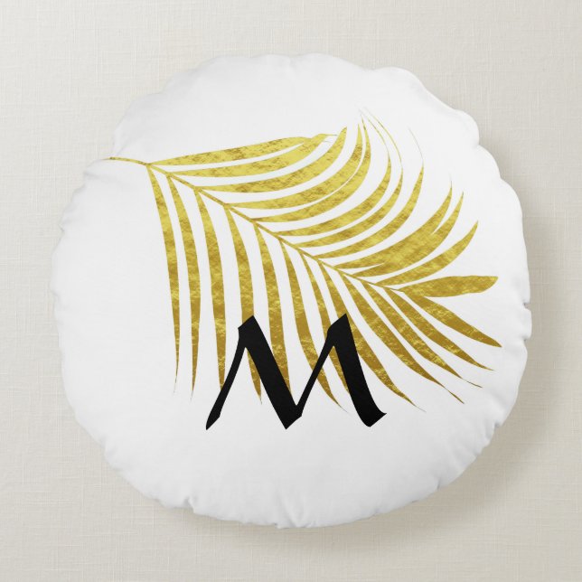 Gold Foil Palm Leaf Tropical Monogrammed Initials Round Pillow (Front)