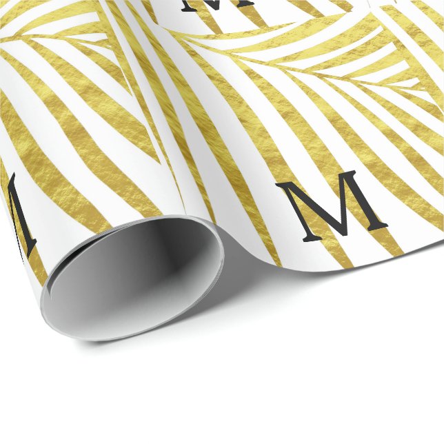Gold Foil Palm Leaf Tropical Monogrammed Initials Wrapping Paper (Roll Corner)