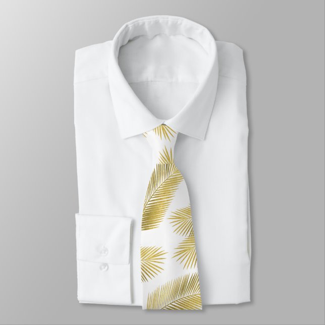 Gold Foil Palm Leaves Pattern Neck Tie (Tied)