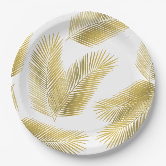 Gold Foil Palm Leaves Pattern Paper Plates (Front)