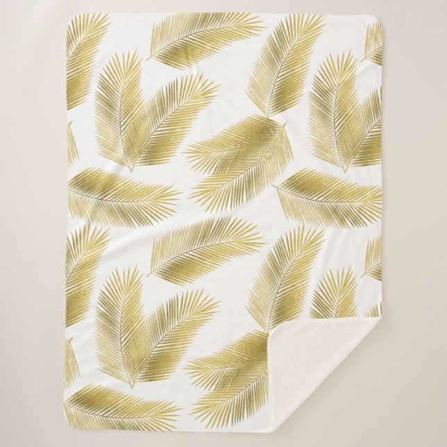 Gold Foil Palm Leaves Pattern Sherpa Blanket (Front)