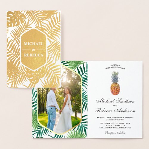 Gold Foil Palm Leaves Pineapple Wedding Invitation