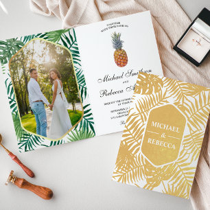 Gold Foil Palm Leaves Pineapple Wedding Invitation