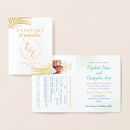 Gold Foil Passport Tropical Wedding Invitation