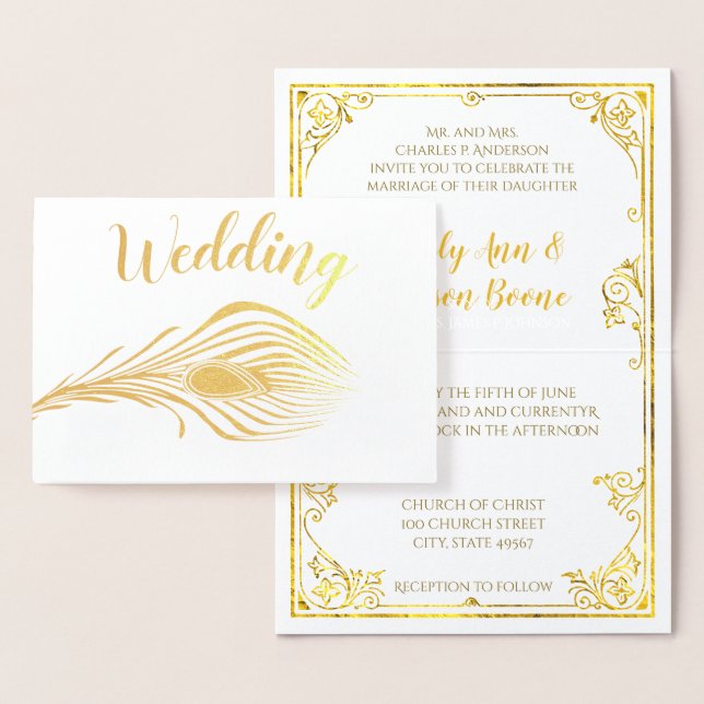 Gold Foil Peacock Typography Wedding Invitations (Display)