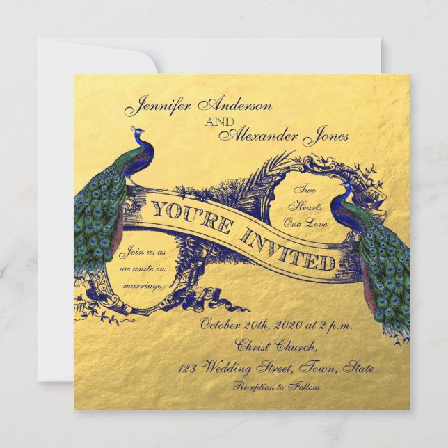 Gold Foil Peacock Wedding Invitation (Front)