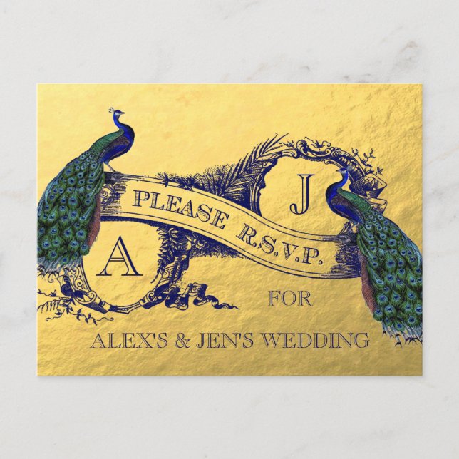 Gold Foil Peacock Wedding RSVP Postcard (Front)