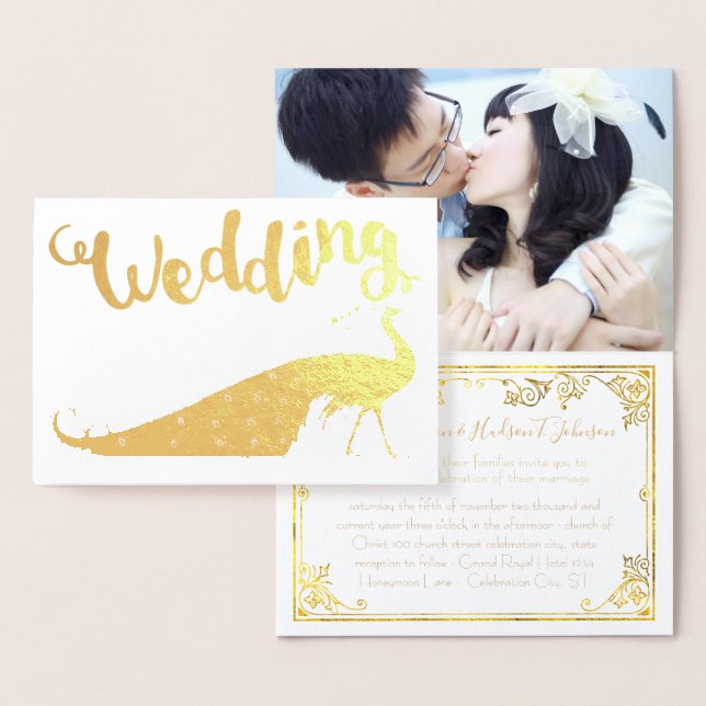 Gold Foil Peacock Your Photo Wedding Invitations (Display)