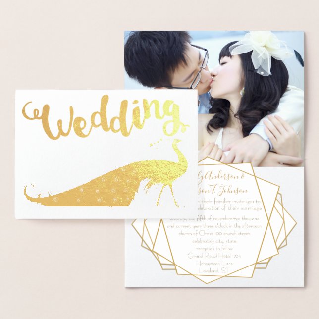 Gold Foil Peacock Your Photo Wedding Invitations (Display)