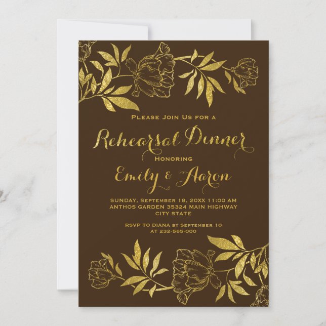Gold foil peonies floral wedding rehearsal dinner invitation (Front)