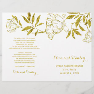 Gold foil peonies white wedding folded program