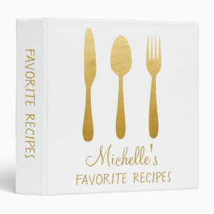 Gold Foil Personalized Recipe CookBook Spoon Fork 3 Ring Binder
