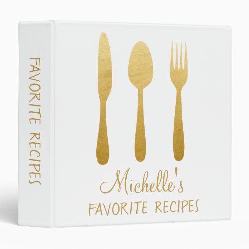 Gold Foil Personalized Recipe CookBook Spoon Fork 3 Ring Binder