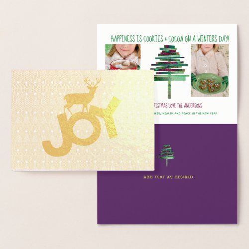 GOLD Foil Photo Christmas Stag Card Purple Green