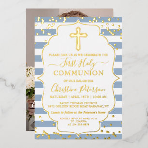 Gold Foil Photo Dusty Blue Stripes First Communion Foil Invitation