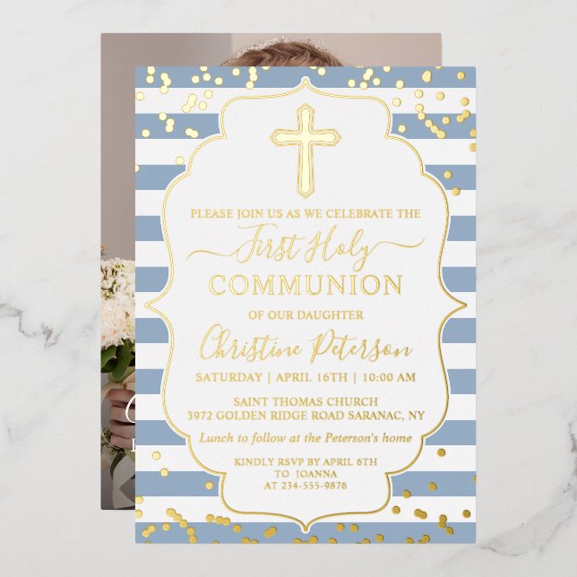 Gold Foil Photo Dusty Blue Stripes First Communion Foil Invitation (Front/Back)