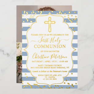 Gold Foil Photo Dusty Blue Stripes First Communion Invitation