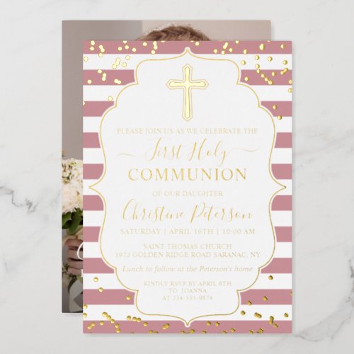 Gold Foil Photo Dusty Pink Stripes First Communion Foil Invitation