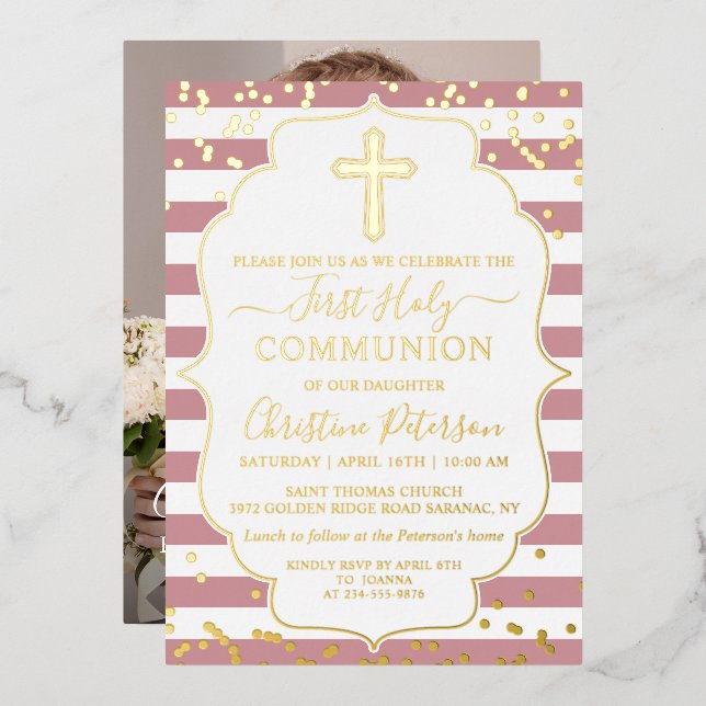 Gold Foil Photo Dusty Pink Stripes First Communion Foil Invitation (Front/Back)