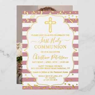 Gold Foil Photo Dusty Pink Stripes First Communion Invitation