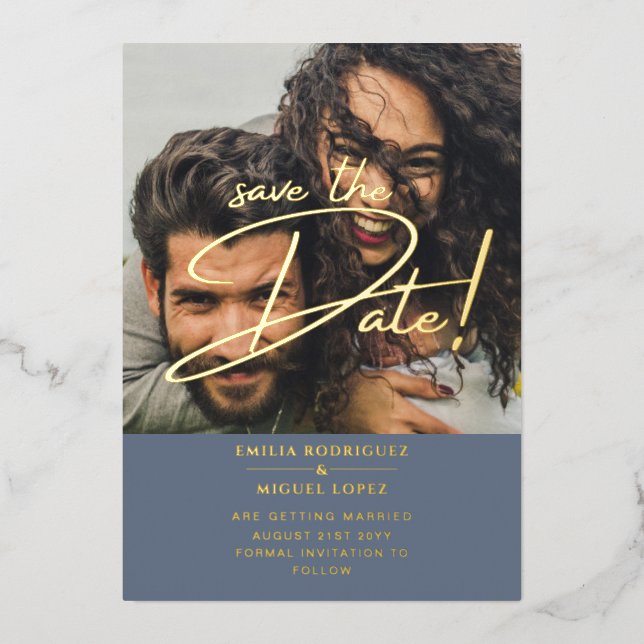 GOLD Foil Photo Overlay Blue Save Date Wedding Invitation (Front)