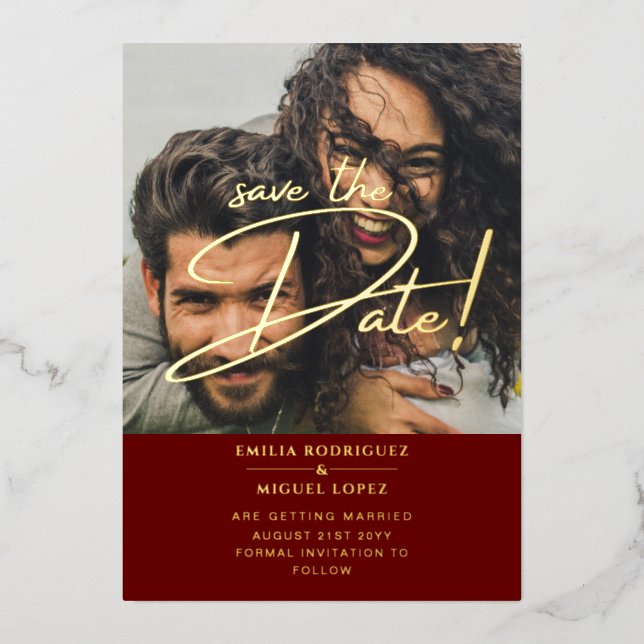 GOLD Foil Photo Overlay Burgundy Save Date Wedding Invitation (Front)