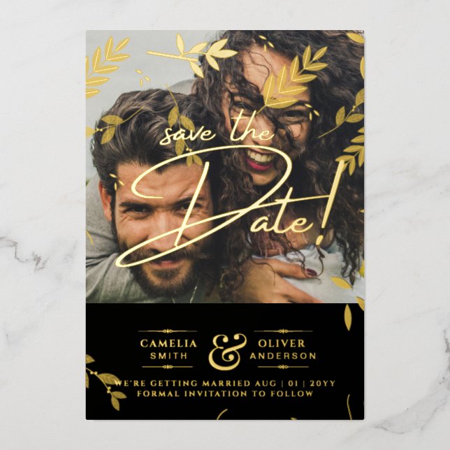 Gold Foil Photo Overlay Leaves Wedding Save Date  Invitation (Front)