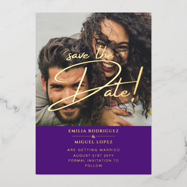 GOLD Foil Photo Overlay Purple Save Date Wedding Invitation (Front)