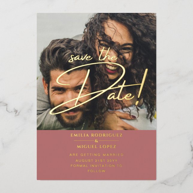GOLD Foil Photo Overlay Rose Save Date Wedding Invitation (Front)
