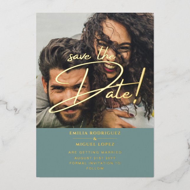 GOLD Foil Photo Overlay Sage Save Date Wedding Invitation (Front)
