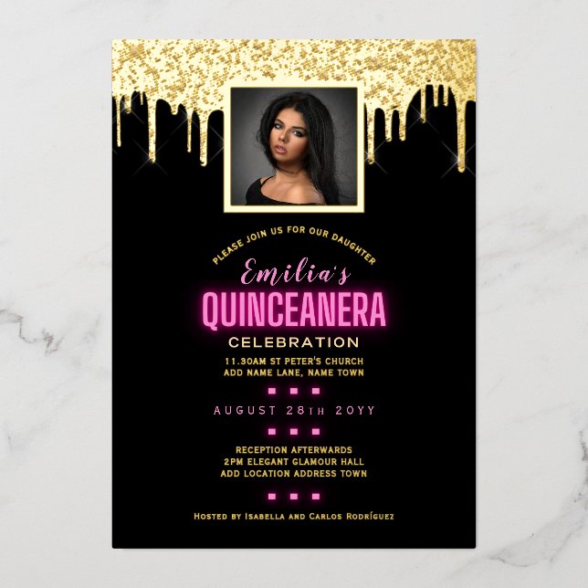 Gold Foil PHOTO Pink 15th Birthday Quinceanera Foi Invitation (Front)