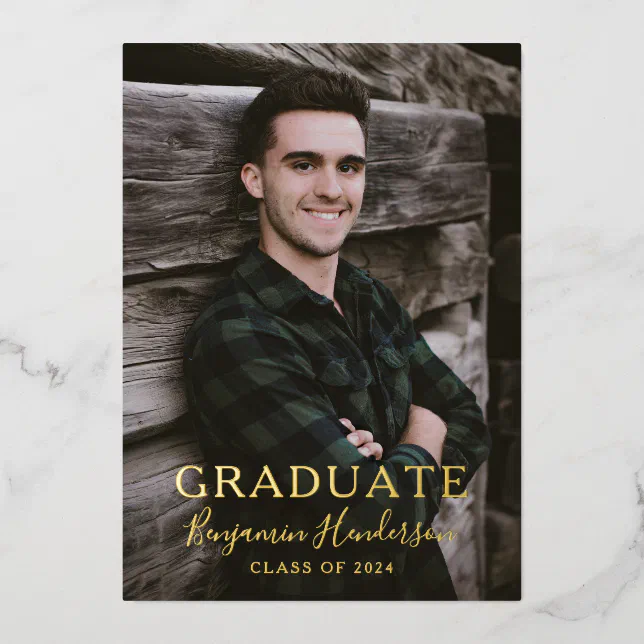 Gold Foil Photo Script Graduation Announcement | Zazzle