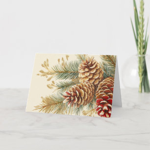 Gold Foil Pine Cones on Red Pine Boughs Card