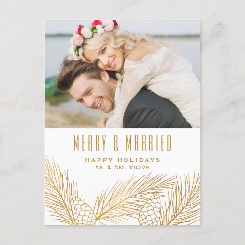 Gold Foil Pine Needles Merry and Married Photo Postcard