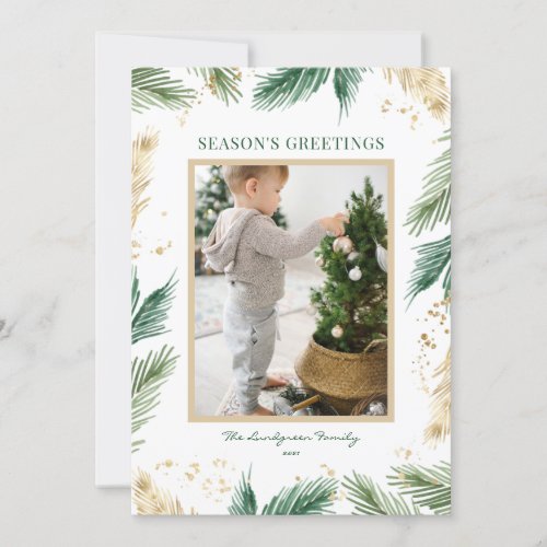 Gold Foil Pine Needles Seasons Greetings Holiday Card