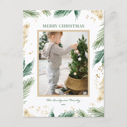 Gold Foil Pine Needles Watercolor Merry Christmas Postcard