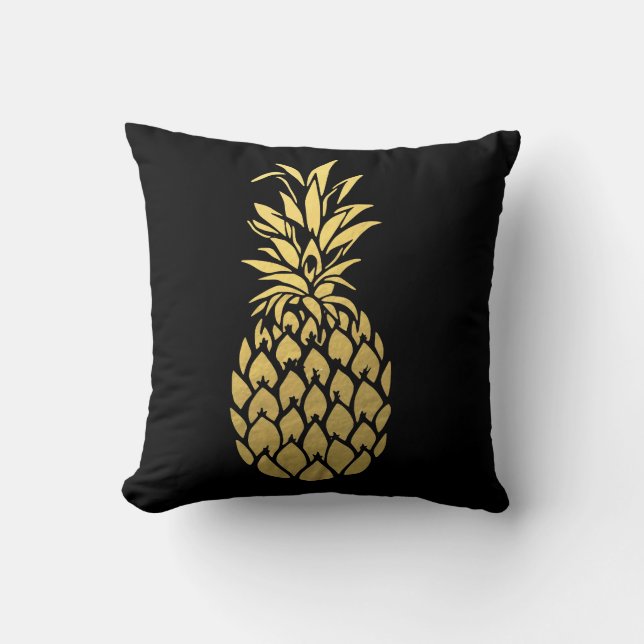 Gold Foil Pineapple Black Throw Pillow (Front)