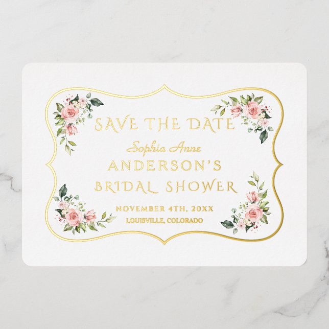 GOLD FOIL Pink Floral Bridal Shower Save The Date  Foil Invitation (Front)