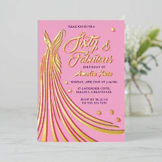 Gold Foil Pink Gown 60th Birthday Party Real Invitation