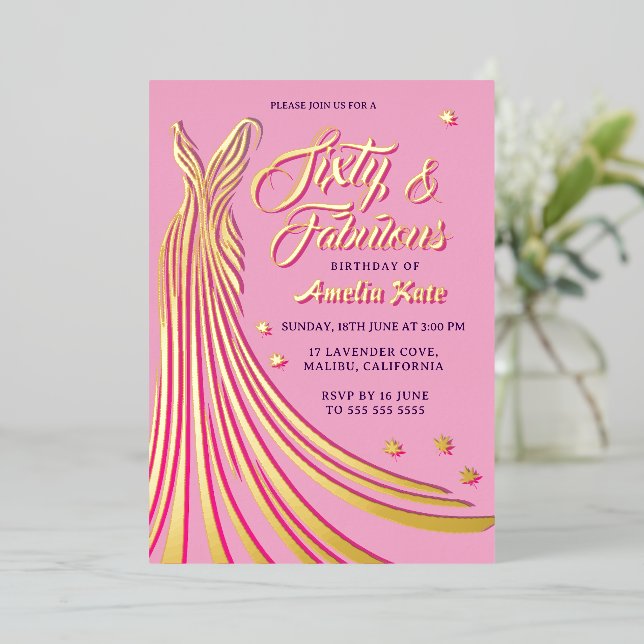 Gold Foil Pink Gown 60th Birthday Party Real Invitation (Standing Front)