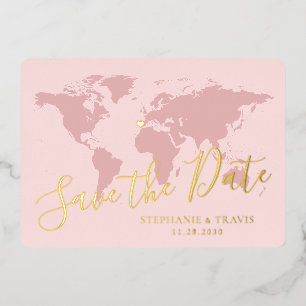 Gold Foil Pink World Map Destination Save the Date Foil Invitation